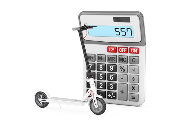 Trottinette électrique Eco moderne blanche près de la calculatrice de poche sur fond blanc. Rendu 3D