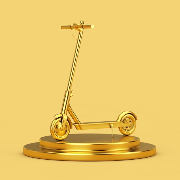 Trottinette électrique Eco moderne dorée sur un piédestal doré sur fond jaune. Rendu 3D