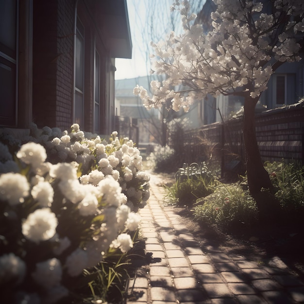 Un trottoir avec un arbre avec des fleurs blanches dessus