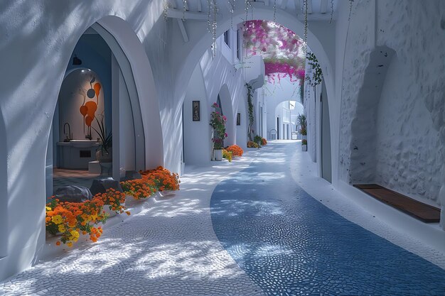 Photo le trottoir décoré de fleurs à santorini