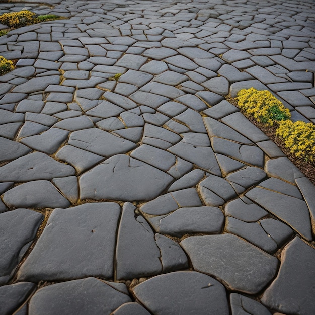 Un trottoir fissuré avec des fleurs jaunes au milieu.