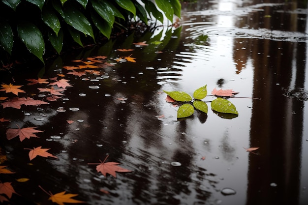 Un trottoir mouillé avec des feuilles dessus et une feuille sur le sol.