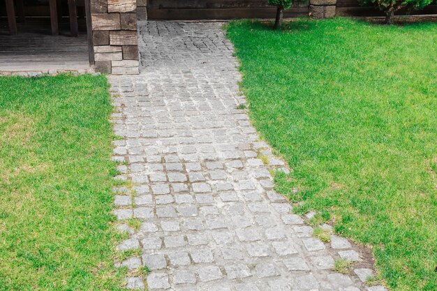 Trottoir pavé avec pelouse verte dans le parc