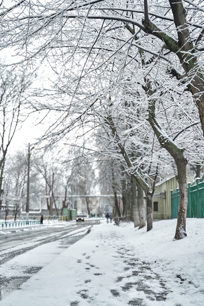 Trottoir et route à l'extérieur recouverts de neige en hiver