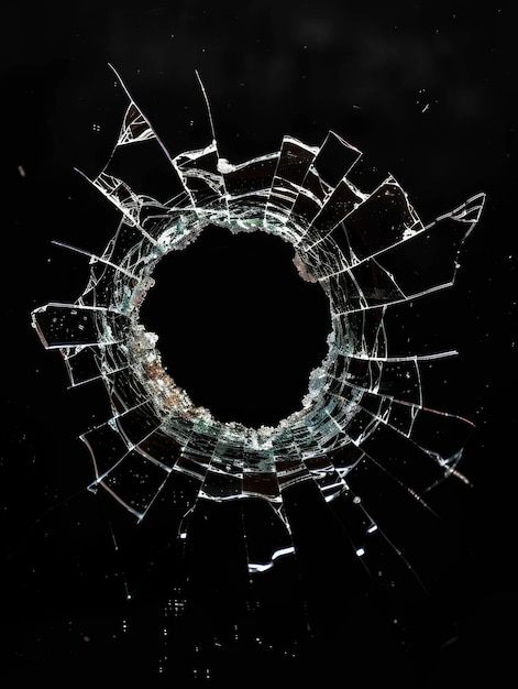 Photo un trou de balle déchiqueté isolé à travers une vitre avec des morceaux fragmentés et des lignes de fissures complexes sur un fond noir pur