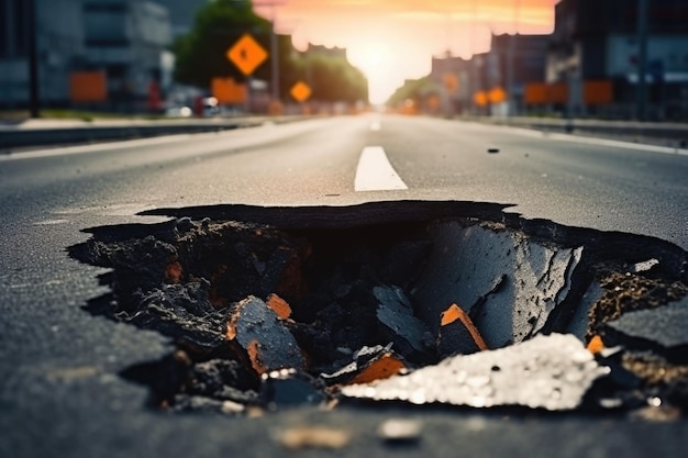 Trou dangereux dans l'autoroute asphaltée Route avec fissures Effondrement de la route asphaltée endommagée Illustration générative de l'IA