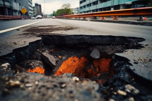 Trou dangereux dans l'autoroute asphaltée Route avec fissures Effondrement de la route asphaltée endommagée Illustration générative de l'IA