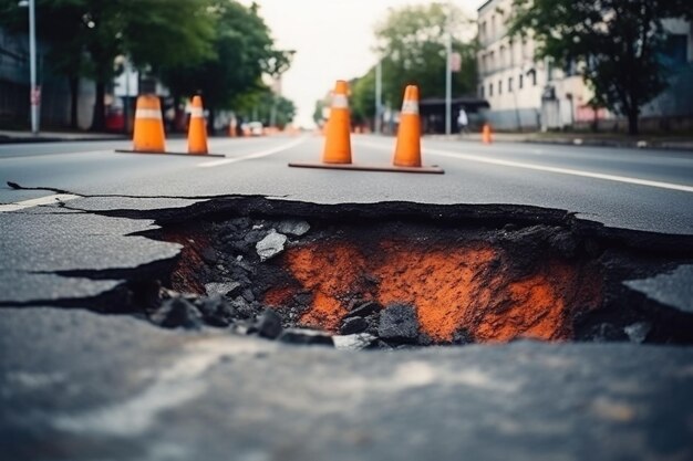 Trou dangereux dans l'autoroute asphaltée Route avec fissures Effondrement de la route asphaltée endommagée Illustration générative de l'IA