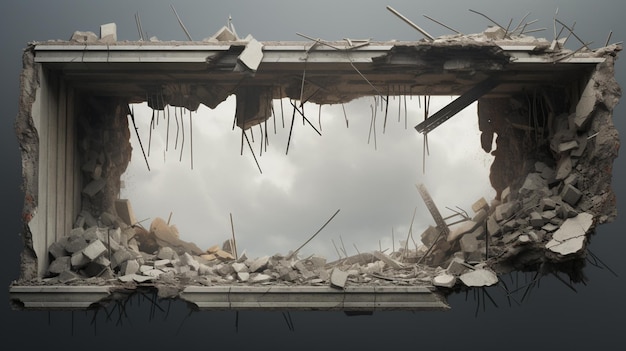 Photo un trou dans le corps d'un bâtiment avec un tas de débris de construction et de fragments de béton
