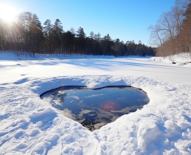 Trou en forme de coeur dans un lac de glace gelé Journée d'hiver ensoleillée