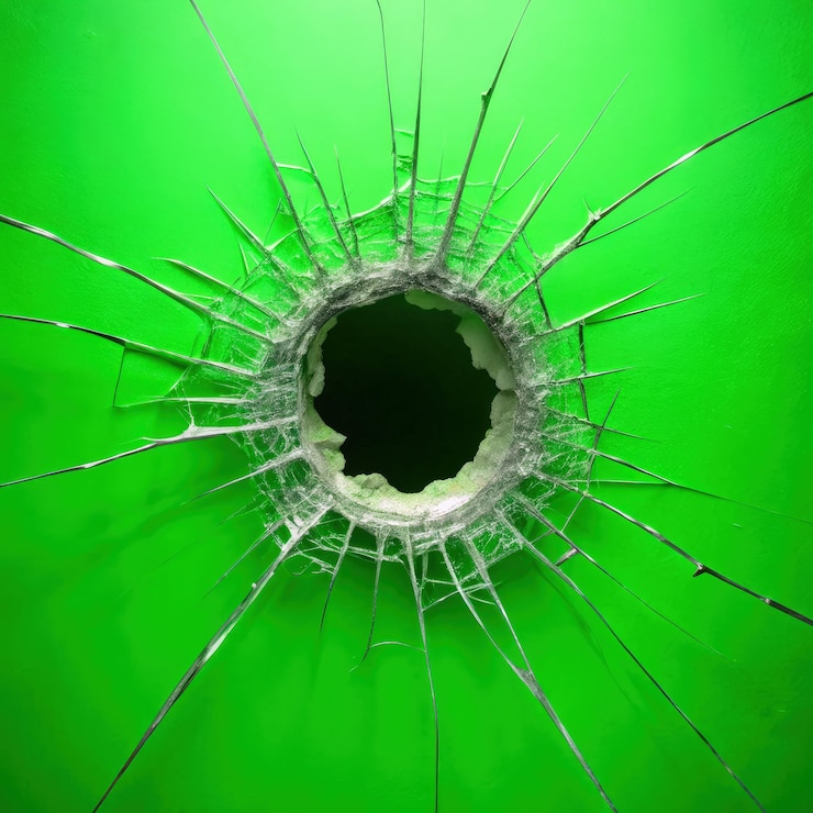 Photo trou d'impact de balle sur écran vert avec des fissures radiales pour le travail d'effets ia générative