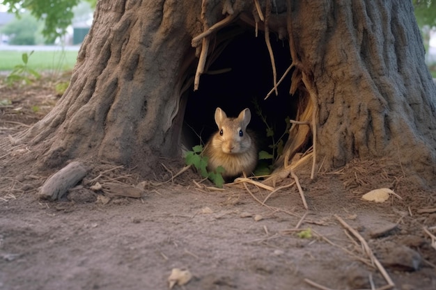 Un trou de lapin à moitié creusé près des racines des arbres