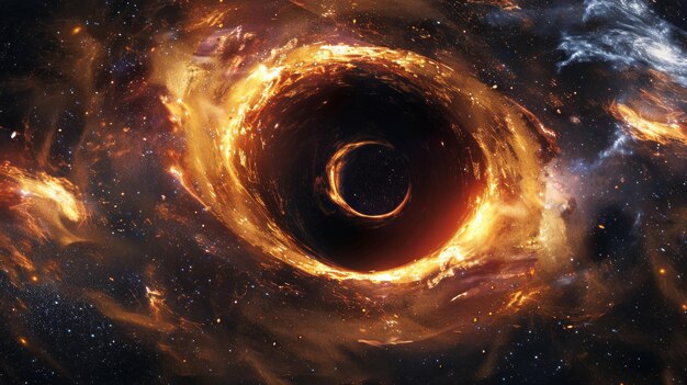 Un trou noir absorbant une nébuleuse ardente dans l'espace