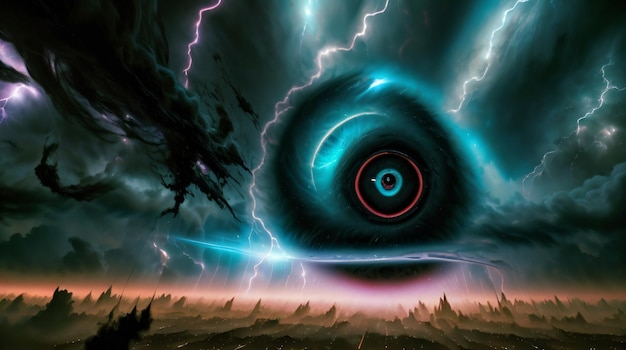 Photo le trou noir cosmique d'eldritch entouré de foudres et de nuages a détruit l'œil du dieu de la ville.