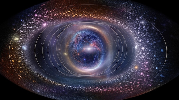 Un trou noir est entouré d'une galaxie violette et bleue.