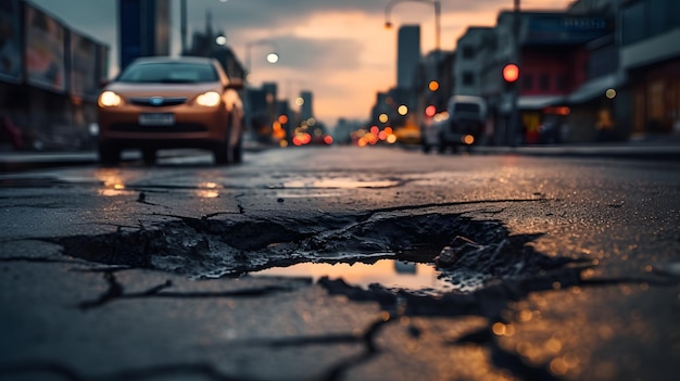 Trou sur une route urbaine après de fortes pluies