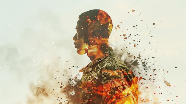 Trouble de stress post-traumatique Soldat au milieu de la fumée Un hommage aux réalités de la guerre