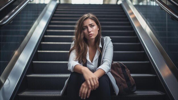 troubles émotionnels d'une jeune femme d'affaires bouleversée assise dans les escaliers, reflétant le concept de perte d'emploi et de déception