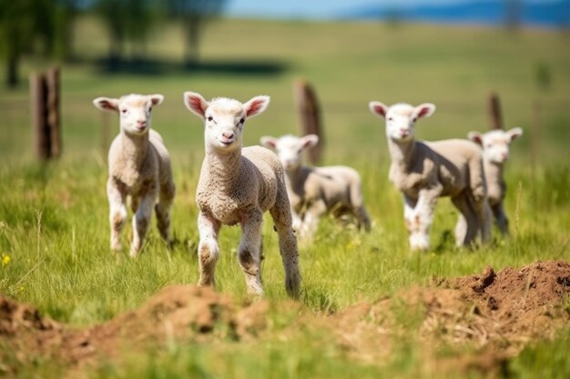 Un troupeau d'agneaux jouant dans une prairie