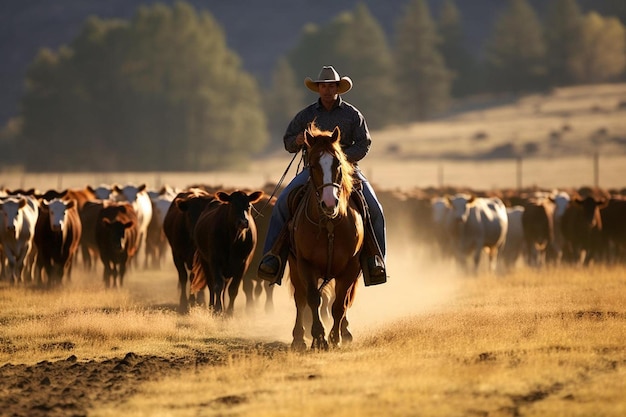 un troupeau de bétail court à travers un champ avec un homme à cheval