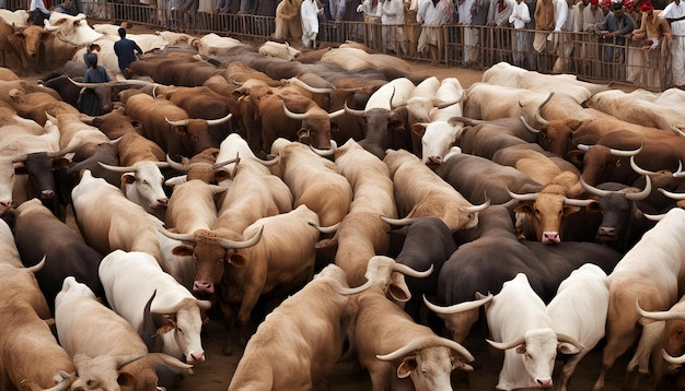 Photo un troupeau de bétail est entouré d'hommes et de vaches