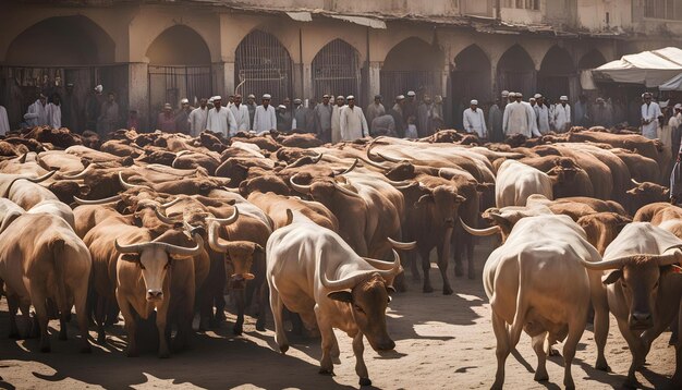 Photo un troupeau de bétail est rassemblé dans un bâtiment avec un homme en chemise blanche
