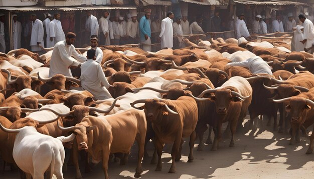 Photo un troupeau de bétail est rassemblé dans une rue