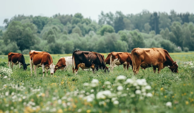 Photo troupeau de bétail paissant sur un champ vert luxuriant ia générative