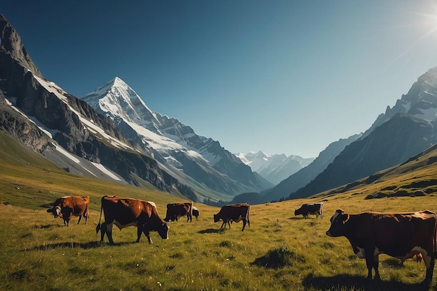 un troupeau de bétail paissant dans un champ avec une montagne en arrière-plan