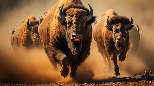 Un troupeau de bisons court à travers un champ.