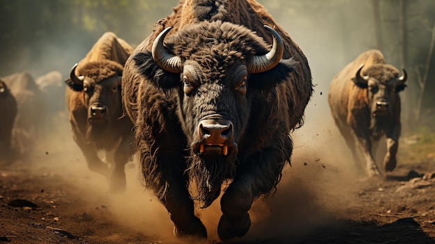 Photo un troupeau de bisons court à travers un champ.