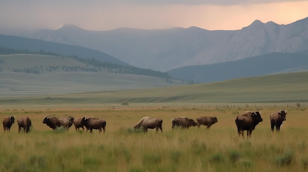 Un troupeau de bisons paissent dans un champ avec des montagnes en arrière-plan.