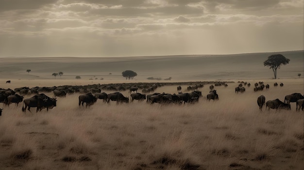 Un troupeau de bisons paissent dans un champ.