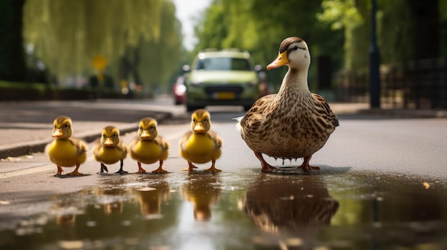 Un troupeau de canards se tient calmement au bord d'une route urbaine très fréquentée et regarde le monde passer.