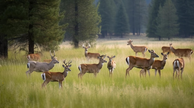 Un troupeau de cerfs dans un champ avec des arbres en arrière-plan