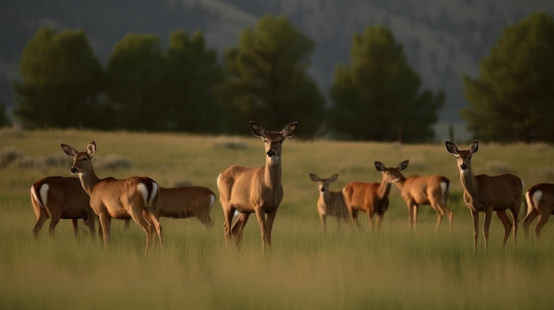 Un troupeau de cerfs dans un champ avec des arbres en arrière-plan