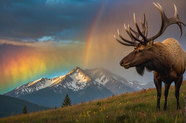 Un troupeau de cerfs paissent sous les sommets de l'arc-en-ciel