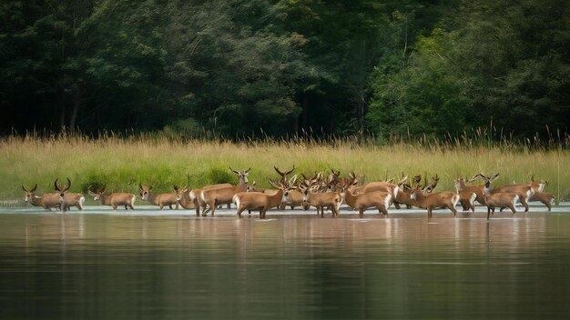 Photo un troupeau de cerfs sauvages au milieu d'un lac entouré de verdure