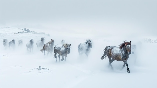 un troupeau de chevaux courant dans la neige