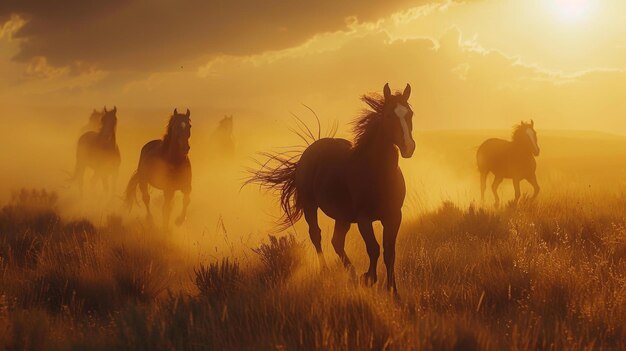 Un troupeau de chevaux courant à travers un champ de poussière s'élevant illuminé par la lumière du soleil de l'heure d'or