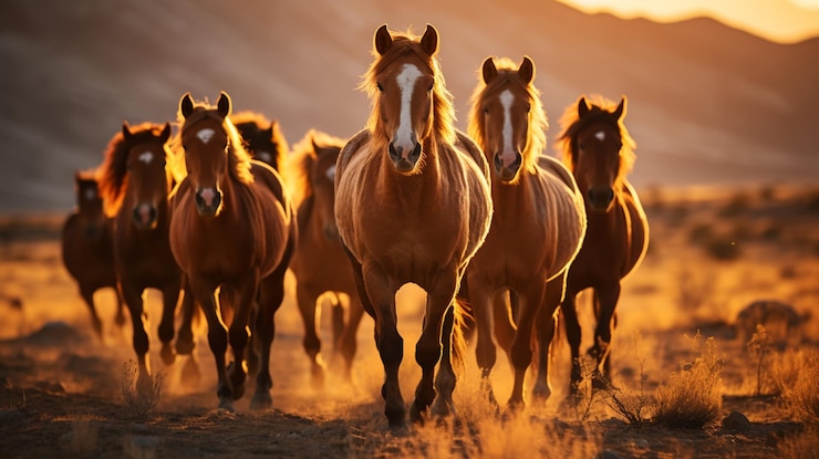 Photo un troupeau de chevaux court au soleil avec de la poussière sur le pâturage d'été