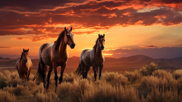 Troupeau de chevaux dans le pré au lever du soleil Generative AI