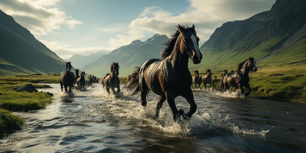 Un troupeau de chevaux galopant sur la rivière courant dans l'eau