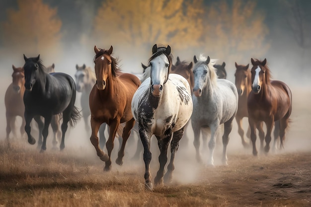 Un troupeau de chevaux galope et court Réseau de neurones généré par l'IA