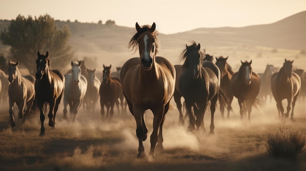 Un troupeau de chevaux qui courent dans le vent