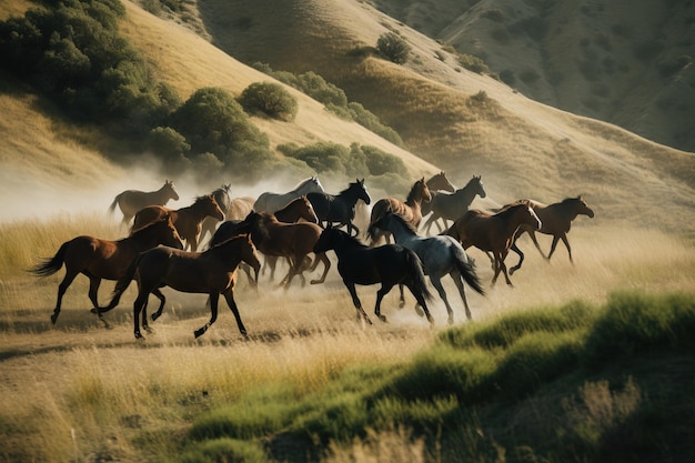 Un troupeau de chevaux sauvages traversant une vallée