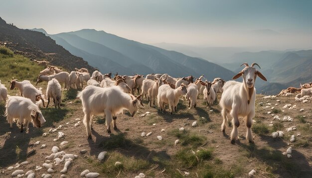 Photo un troupeau de chèvres marche sur une colline rocheuse