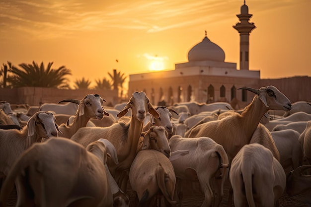 Un troupeau de chèvres se tient devant une mosquée au coucher du soleil