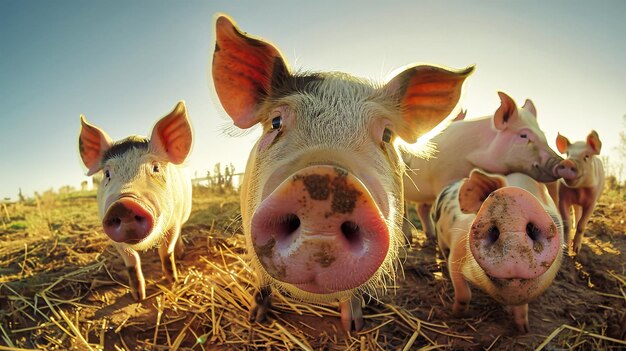 Un troupeau de cochons debout au sommet d'un champ d'herbe sèche