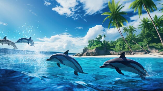 Photo un troupeau de dauphins au large d'une île tropicale